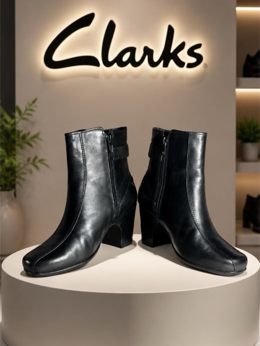 Clarks Artisan Dara Black Leather Block-Heel Ankle Boots